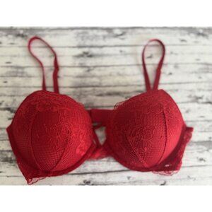 Victoria's Secret Bombshell Bra Plunge Push Up Women's 34C Red Lace Valentines
